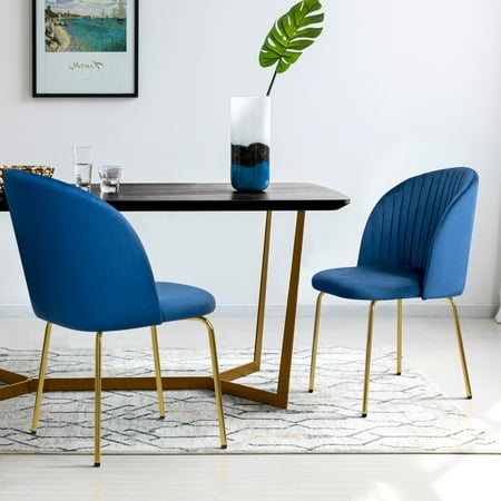 Kithkasa Velvet Dining Chairs  Mid Century Modern Kitchen Chair Gold Legged  Set of 2  Blue