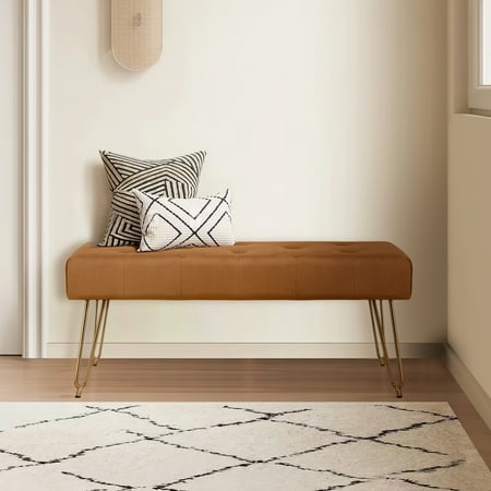 Kithkasa Modern Tufted Entryway Bench for Living Room  Velvet Gold Legged for End of Bed  Brown