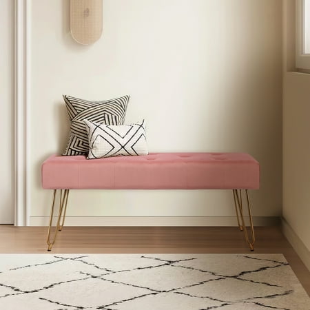 Kithkasa Modern Tufted Entryway Bench Velvet Gold Legged for End of Bed Pink