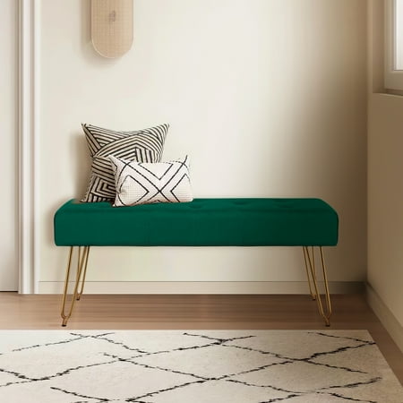 Kithkasa 39.8  Modern Tufted Entryway Bed Hallway Bench Velvet Gold Metal Legs Green