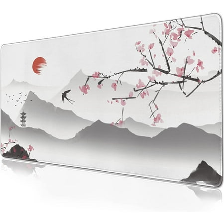 Japanese Cherry Blossom Mouse Pad Extended Gaming Mouse Pad (31.5x11.8 in) Large Sakura Non-Slip Rubber Base Desk Protector with Stitched Edges White 