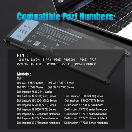 33YDH Battery for Dell Inspiron 17 7773 7786 G5 15 5587 P72F P30E P30E001 W7NKD