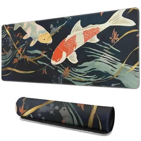 Fish and Flower Mouse Mat  Natural Scenery Japanese Style Rectangle Large Non-Slip Rubber Gaming Mouse Pad with Stitched Edges  Office Mouse Pad for W