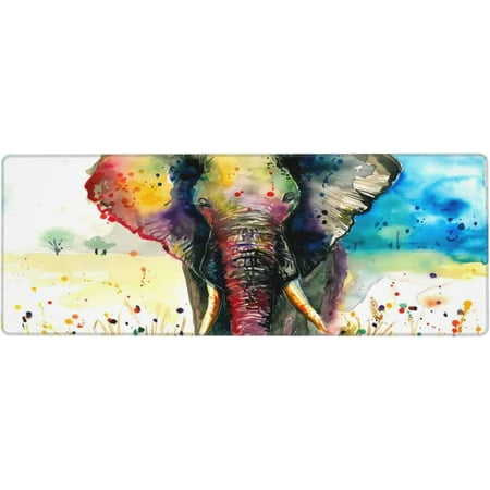 Watercolor Cool Elephant Design Pattern Large Mouse Pads Rectangle Long Extended Big Stitched Edge Gaming Mousepad with Non-Slip Rubber Base for Deskt