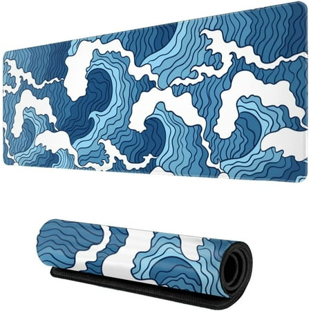 Japanese Blue and White Wave Gaming Mouse Pad XL  Extended Large Full Desk Mousepad 31.5 X 11.8 Inch  Big Mouse Pad with Stitched Edge  Non-Slip Long 