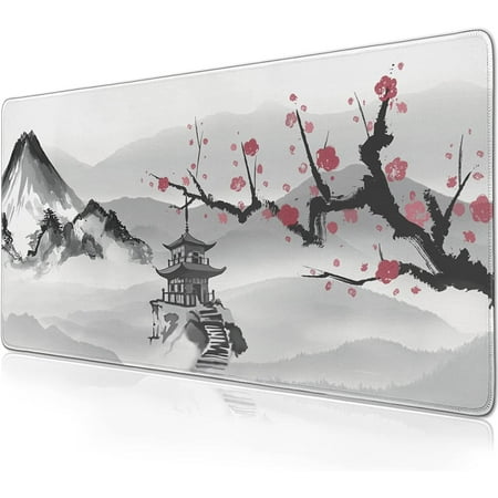 Japanese Sakura Mouse Pad Extended Gaming Mouse Pad (47.3x23.6 in) Large Cherry Blossom Non-Slip Rubber Base Desk Protector with Stitched Edges White 