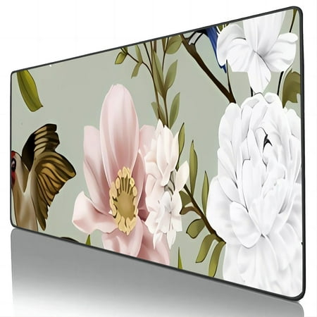 LOPCHAN Large Gaming Mouse Mat with Stitched Edges Flowers Bird Extended Mousepad Washable Keyboard Pad Non-Slip Natural Rubber Base Desk Mat for Gami