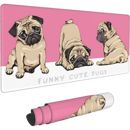 Gaming Mouse Pad Desk Mat Extended Large Cute Pug Puppies Dog Mouse Pad Mat with Non-Slip Base Stitched Edges Mousepad for Computer Office Keyboard an