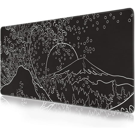Black and White Japanese Waves Sea Mouse Pad Extended Gaming Mouse Pad 35.4x15.7 in Large Non-Slip Rubber Base Desk Protector with Stitched Edges Japa