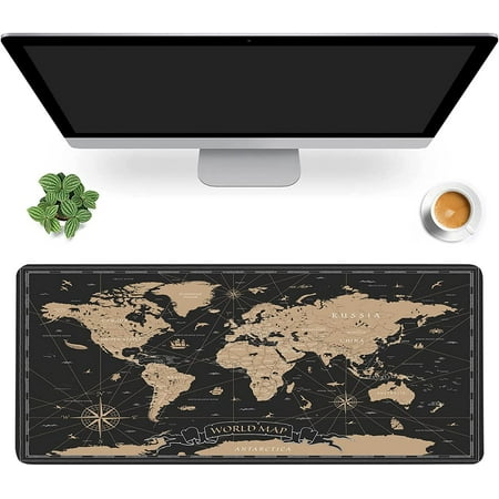 Vintage World Map Desk Mat Black Golden World Map Extended Gaming Mouse Pad Large Non-Slip Rubber Base Mousepad with Stitched Edges Waterproof Mouse M