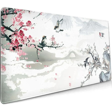 Cherry Blossom Sakura Gaming Mouse Pad 35.4×15.7inch with Stitched Edges Extended Waterproof Desk Pads Non-Slip Rubber Base Large Keyboard Mat Comput