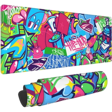 XL Large Gaming Mouse Pad with Stitched Edges  Abstract Urban Graffiti Extended Mousepad with Non-Slip  Long Waterproof Keyboard Pad Mouse Mat for Com