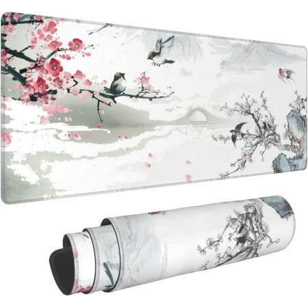 Cherry Blossom Sakura Gaming Mouse Pad 31.5×11.8inch with Stitched Edges Extended Waterproof Desk Pads Non-Slip Rubber Base Large Keyboard Mat Comput