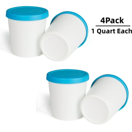 Premium Ice Cream Containers (4 Pack - 1 Quart Each) Reusable Freezer Storage Tubs with Lids for Sorbet and Gelato  Blue