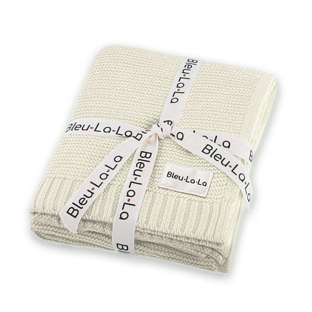Bleu La La Cream Organic Cotton Knit Baby Blanket  Receiving Swaddle for Baby Boy and Girl  Gift for Newborns