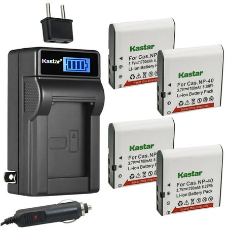 Kastar 4-Pack CNP-40 Battery and LCD AC Charger Compatible with PREZIO HDC-3533  PREZIO HDC-3535  Rich DVH Series DVH-R30  DVH-R50  DVH-R55  DVH-566  