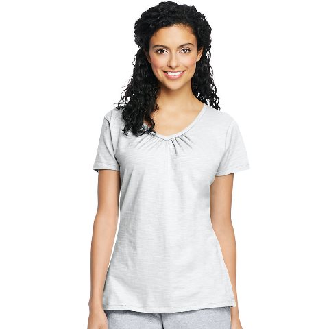 9253 Womens Slub Jersey Shirred V-Neck Tees, White - Extra Large