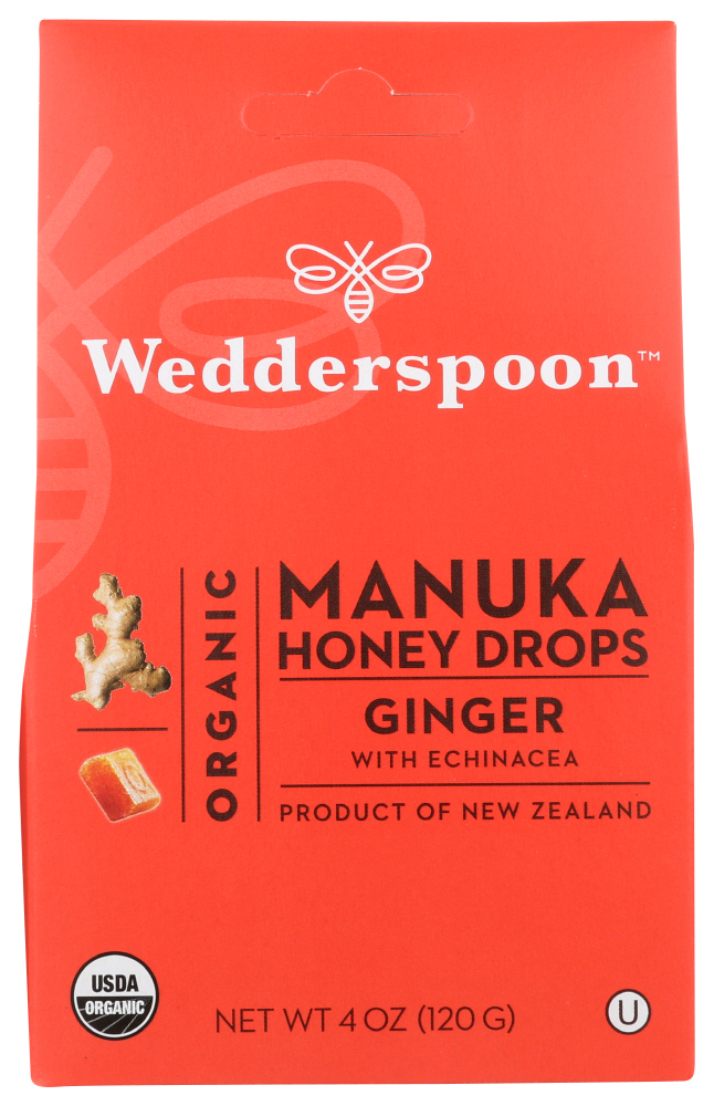 Wedderspoon Organic Manuka Honey Drops - Ginger with Echinacea | 4 Oz Package