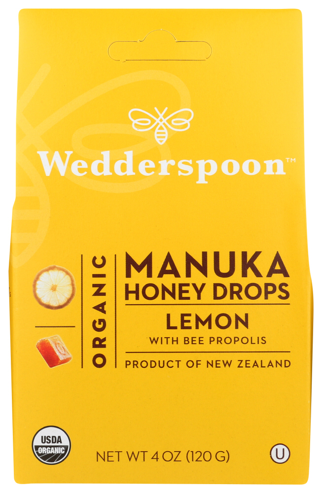 Wedderspoon Organic Manuka Honey Drops - Lemon with Bee Propolis | 4 Oz Package
