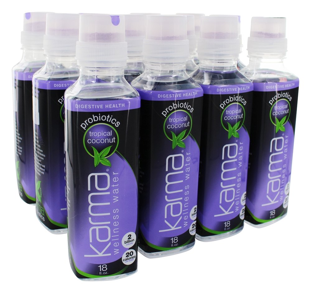 Karma Wellness Flavored Probiotic Water, Tropical Coconut, 18 Fl Oz (Pack of 12), Supports Digestive and Immune System Health, Low Calorie, 2 Billion 