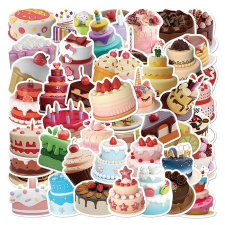 LA TALUS Scrapbook Sticker Stable to Stick Re-paste Good Adhesion Waterproof Anti-tear 3D Birthday Cake Gift Sticker Notebook Supply 50Pcs/Set