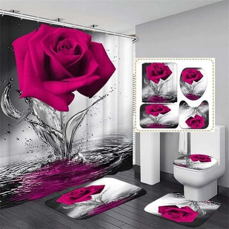 4pcs/Set Valentine S Day Shower Curtain Mat Valentine Rose Flower Print Waterproof Shower Curtain Anti-Slip Rug Toilet Cover Holiday Wedding Bathroom 