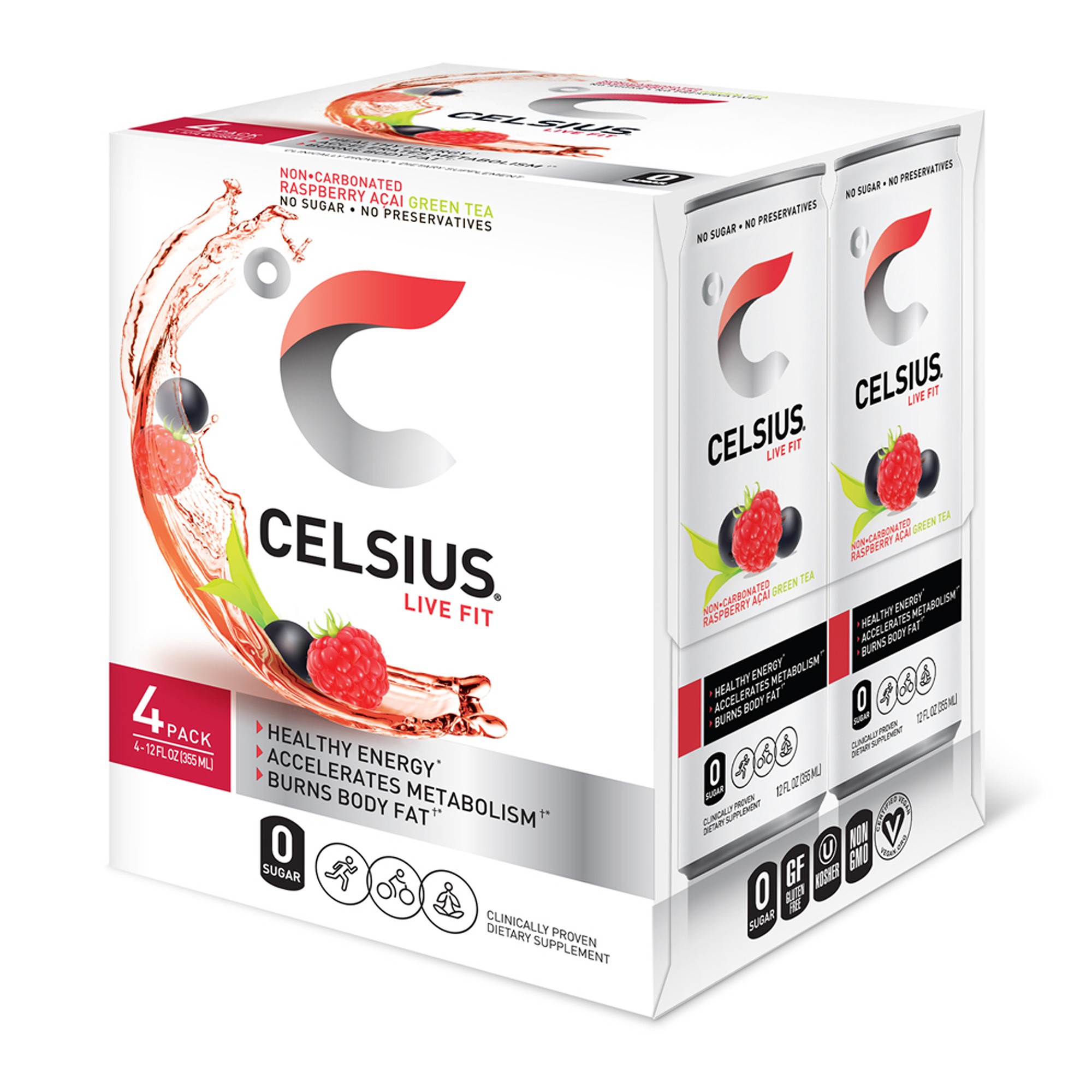 CELSIUS Essential Energy Drink 12 Fl Oz  Raspberry Acai Green Tea (Pack of 4)