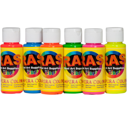 RAS Tempera Paint for Kids Set of 6 2 Oz. Bottles - Fluorescent Colors