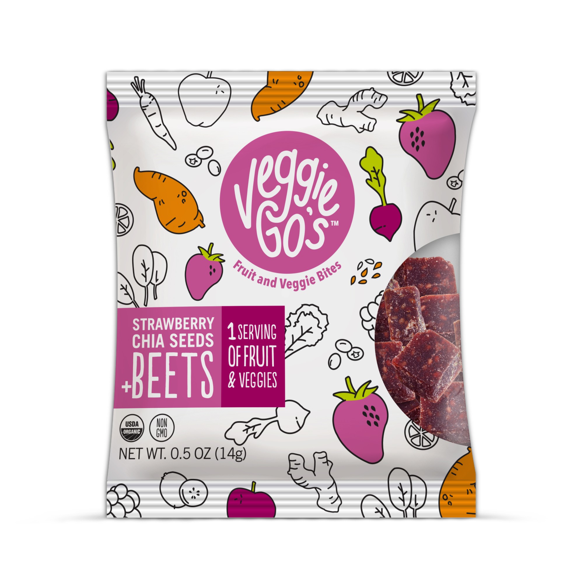 Veggie-Go's Organic Fruit and Veggie Bites with No Added Sugar, Strawberry, Chia Seeds, Beets, 12 Count