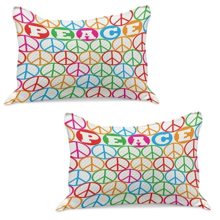 Retro Knitted Quilt Pillowcover Set of 2  Colorful Internationally Recognized Peace Sign Letters Counter Culture Print  Standard Queen Pillow Sham Bed