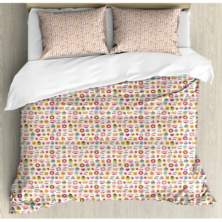 Dessert Queen Size Duvet Cover Set  Confectionary Pattern of Pretzels and Candies on Pinky Polka Dotted Background  Decorative 3 Piece Bedding Set wit