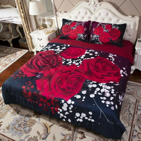 3d black and red roses comforter set full size for couples girls wedding bedding lightweight blanket pillow shams women home decor