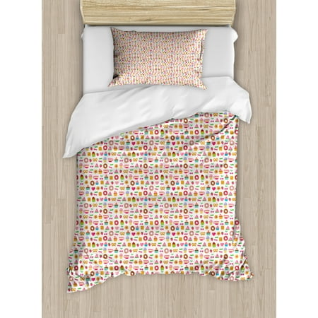 Dessert Twin Size Duvet Cover Set  Confectionary Pattern of Pretzels and Candies on Pinky Polka Dotted Background  Decorative 2 Piece Bedding Set with