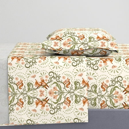 100% Cotton Sheets  Twin XL 3pc Set - Whimsical Orange Fox Squirrel Botanical Nature Garden Cream Green Pink Sweet Cute Print Custom Bedding by Spoonf