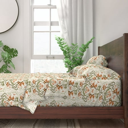 100% Cotton Sheets  Full 4pc Set - Whimsical Orange Fox Squirrel Botanical Nature Garden Cream Green Pink Sweet Cute Print Custom Bedding by Spoonflow