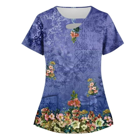 SENDKEEL Womens Summer Tops 5509 Women S Top Stretchy Fashion Print Work with Pocket Short Sleeve T-shirt
