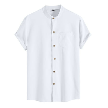 Hawaiian Shirt for Men Cotton Linen Spring and Summer Casual Short Sleeved Stand up Collar Printed Breathable Tops Mens T Shirt Graphic White L