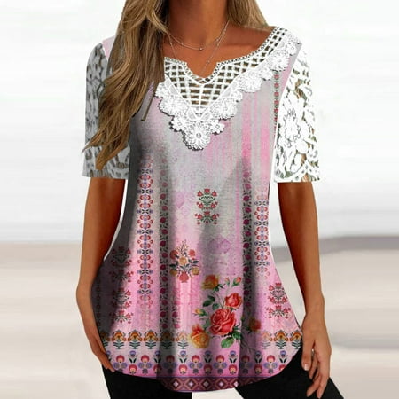 BallsFHK Women S Fashion Casual V-Neck Floral Print Short Lace Sleeve Tops Summer Tops for Women 2723 Trendy