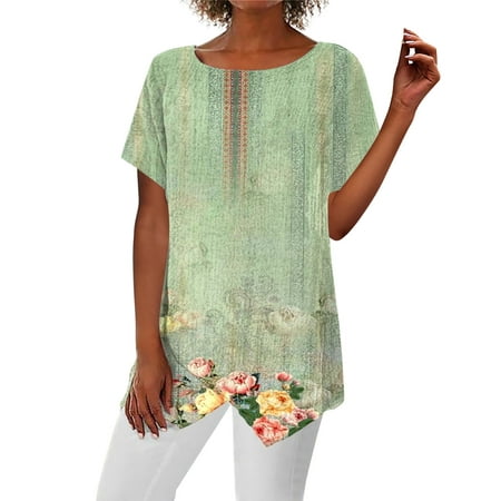 SENDKEEL Womens Summer Tops 3460 Women S Summer Shirt Blouse Print Short Sleeve Casual Basic Round Neck Irregular Hem T-Shirt