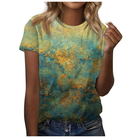SENDKEEL Womens Summer Tops 3119 Women S Gradient Printed Short Sleeved Round Neck Front Shoulder Retro Short Sleeved Summer Loose Fitting Shirt Top