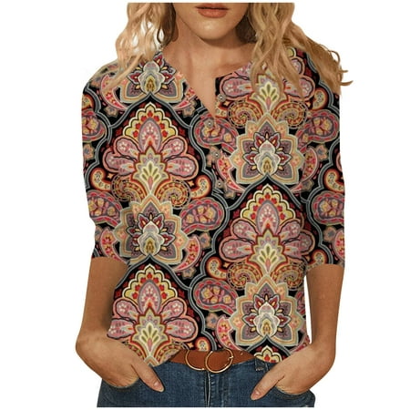 GDfun Summer Tops 2554 Women S New Button Collar Fashion Print 3/4 Sleeves Ethnic Print T-Shirt Slim Top Casual Tops