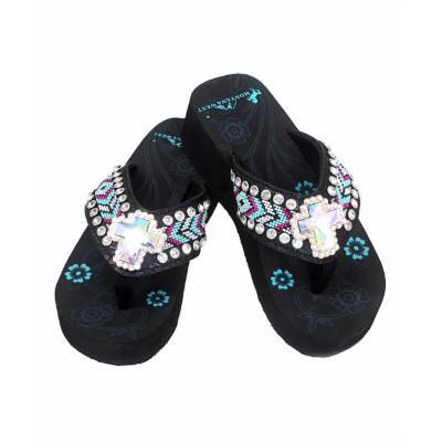 Black Beaded Cross Concho Wedge Flip-Flop - Women