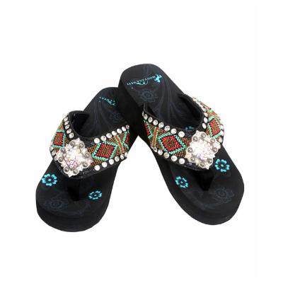 Black Beaded Diamond Concho Wedge Flip-Flop - Women