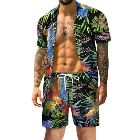 GWAABD Summer Dresses for Men Spring Summer Casual Beach Casual Buttoned Short Sleeve Shirt Printed Shorts Set
