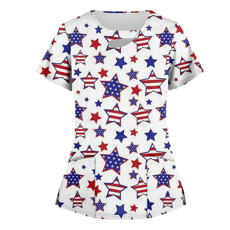 GDfun Summer Tops 6229 Women S Top Stretchy Fashion Independence Day Print Work with Pocket Short Sleeve T-shirt