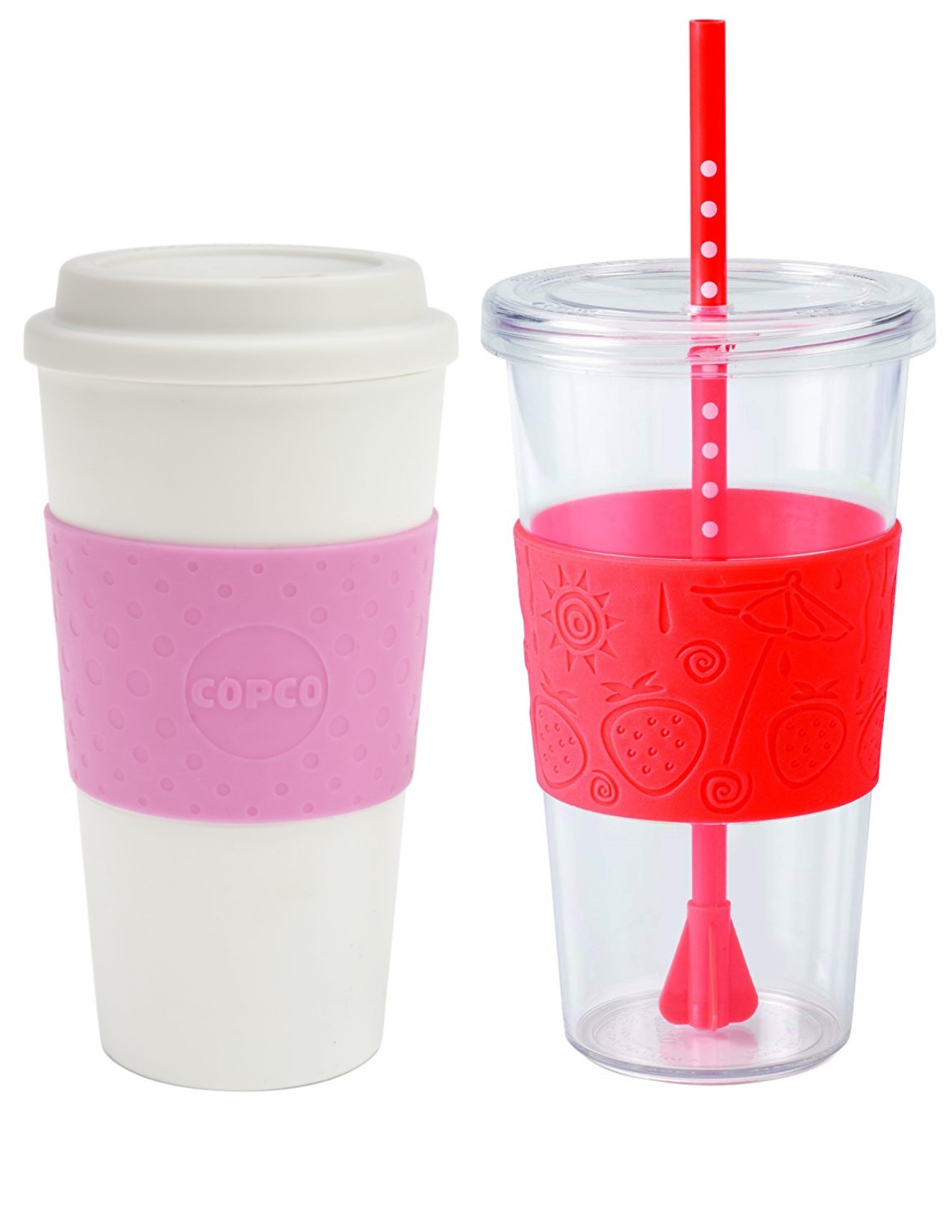 Copco Acadia Reusable 16 Oz Coffee Travel Mug and Sierra on the Beach Cold Beverage 24 Oz Tumbler Set, Bubble Gum Pink White Strawberry Red