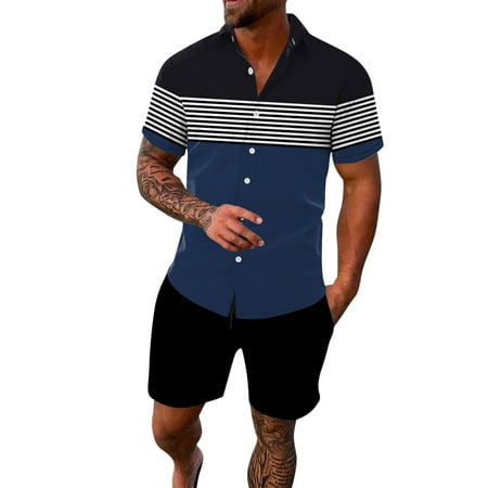 GWAABD Mens Sport Sleeveless Tracksuit Men S Spring/summer Leisure Sports Hawaii Beach Style Stitching Stripe Print Short Sleeved Shirt Pants Two Piec