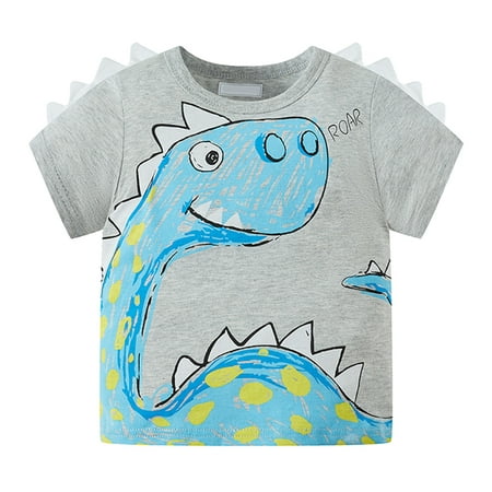 Entyinea Boys Shirts Short Sleeve Round Neck Printed Comfy T-Shirt Grey 140