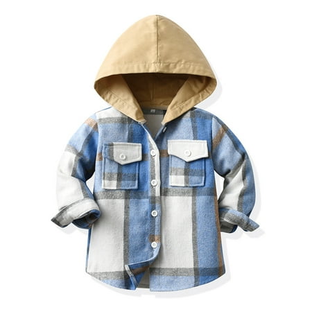 Mlqidk Baby Toddler Boys Plaid Button Down Hooded Shirt Long Sleeve Flannel Shirts Buffalo Plaid Top Jacket Fall Winter Clothes Blue 6-12 Months