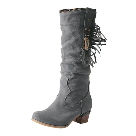 GWAABD Wide Calf Boots Thick Boots Women S Heel Color Fashion Boots Rhinestone Solid Fringed Women S Boots